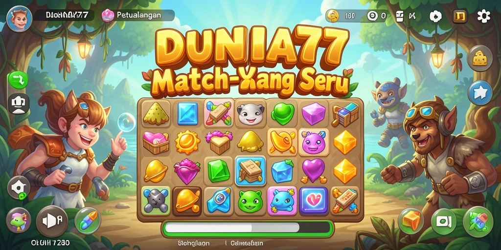 Tampilan gameplay DUNIA77 dengan objek berwarna-warni dalam misi Match-3.