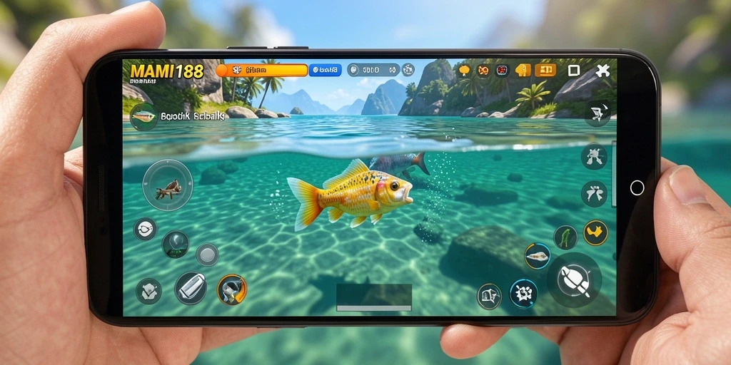 Tampilan gameplay seru saat memancing di MAMI188 dengan ikan berwarna-warni.